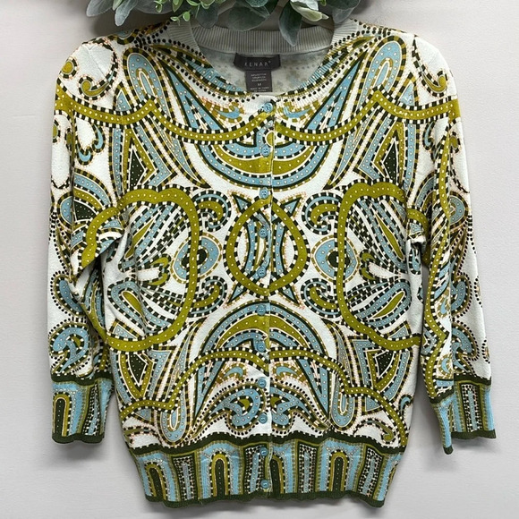 NWOT Kenar Crewneck Button Down 3/4 Sleeve Sweater Paisley M - Picture 1 of 16